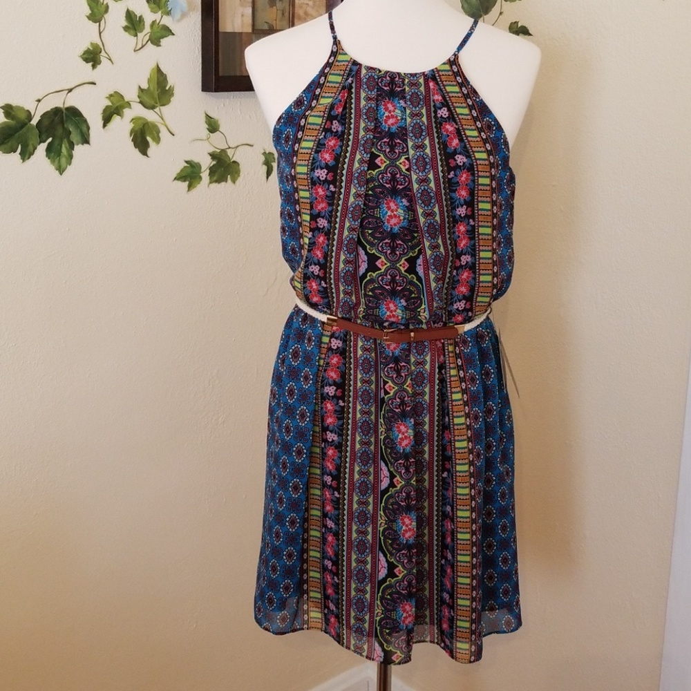 Above the knee patterned spaghetti strap dress